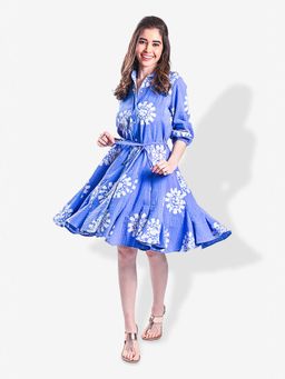 Mala Singh - Womens Cotton Printed Blue Dress with Belt
