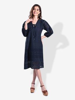 Mala Singh - Womens Cotton Self Design Navy Blue Dress
