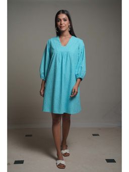 Mala Singh - Womens Cotton Embroidered Turquoise Dress