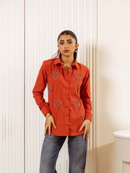 UNIMODA - Womens Cotton Embroidered Red Shirt
