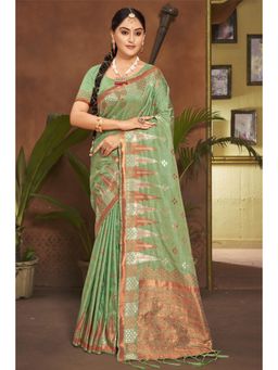 Sangam Prints - Light Green Silk Woven Zari Work Traditional Tassel Saree with Unstitched Blouse