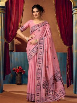 Odette - Pink Silk Blend Printed Saree with Unstitched Blouse