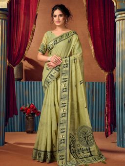 Odette - Green Silk Blend Printed Saree with Unstitched Blouse
