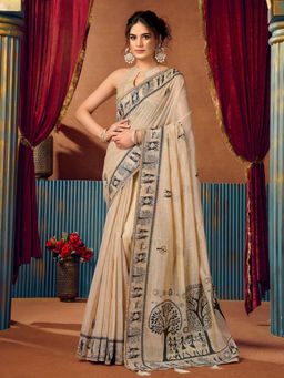 Odette - Beige Silk Blend Printed Saree with Unstitched Blouse