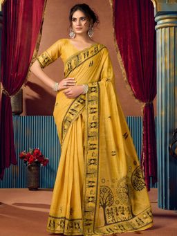 Odette - Mustard Yellow Silk Blend Printed Saree with Unstitched Blouse