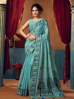 Odette - Green Silk Blend Printed Saree with Unstitched Blouse