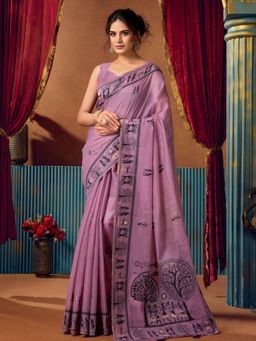 Odette - Mauve Silk Blend Printed Saree with Unstitched Blouse