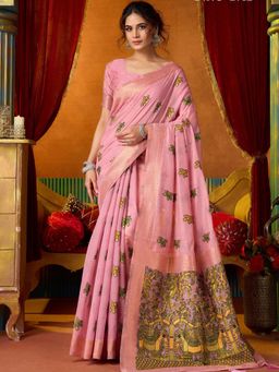 Odette - Pink Cotton Blend Printed Saree with Unstitched Blouse