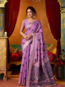 Odette - Lavender Cotton Blend Printed Saree with Unstitched Blouse