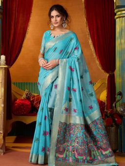 Odette - Blue Cotton Blend Printed Saree with Unstitched Blouse