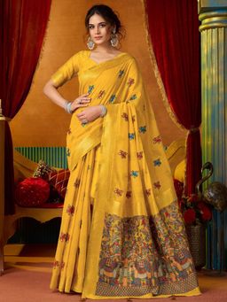 Odette - Yellow Cotton Blend Printed Saree with Unstitched Blouse