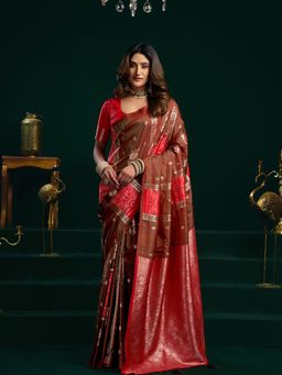 Odette - Red and Maroon Silk Blend Woven Saree with Unstitched Blouse
