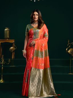 Odette - Orange and Green Silk Blend Woven Saree with Unstitched Blouse