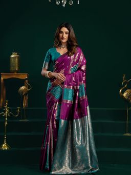 Odette - Purple Blue Silk Blend Woven Saree with Unstitched Blouse