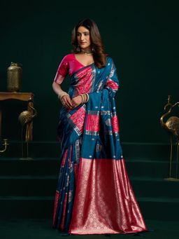 Odette - Navy Blue and Pink Silk Blend Woven Saree with Unstitched Blouse