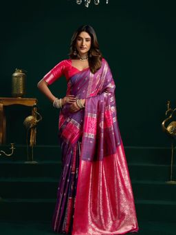 Odette - Purple and Pink Silk Blend Woven Saree with Unstitched Blouse