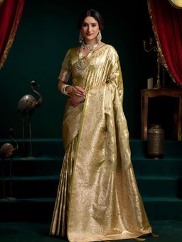 Odette - Olive Satin Woven Saree with Unstitched Blouse