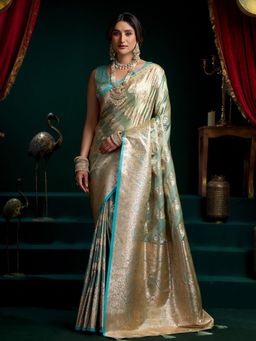 Odette - Blue and Gold Satin Woven Saree with Unstitched Blouse