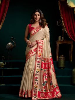 Odette - Cream Silk Blend Woven Saree with Unstitched Blouse