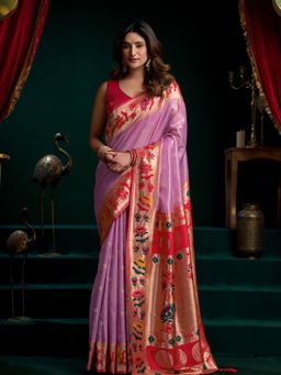Odette - Purple Silk Blend Woven Saree with Unstitched Blouse