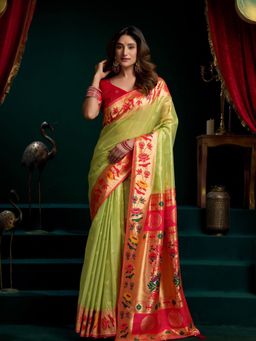 Odette - Green Silk Blend Woven Saree with Unstitched Blouse
