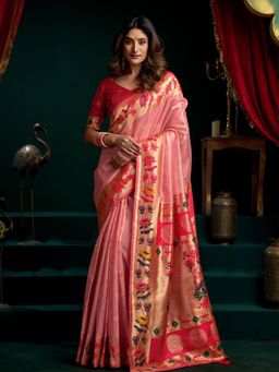 Odette - Pink Blue Silk Blend Woven Saree with Unstitched Blouse