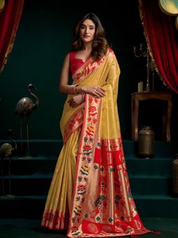 Odette - Yellow Silk Blend Woven Saree with Unstitched Blouse