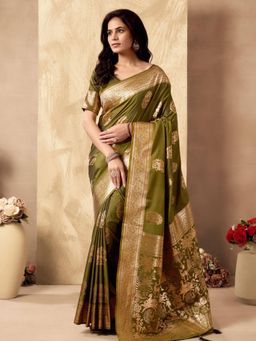 Odette - Olive Silk Blend Woven Saree with Unstitched Blouse