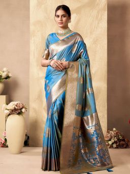 Odette - Blue Silk Blend Woven Saree with Unstitched Blouse