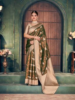 Odette - Green and Beige Silk Blend Woven Saree with Unstitched Blouse