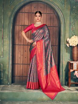 Odette - Teal Silk Blend Woven Saree with Unstitched Blouse