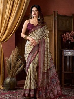 Odette - Beige Silk Blend Printed Saree with Unstitched Blouse