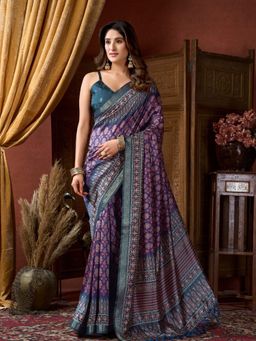 Odette - Purple Silk Blend Printed Saree with Unstitched Blouse