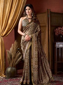 Odette - Olive Green Cotton Blend Printed Saree with Unstitched Blouse