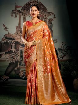 Odette - Orange Silk Blend Woven Saree with Unstitched Blouse