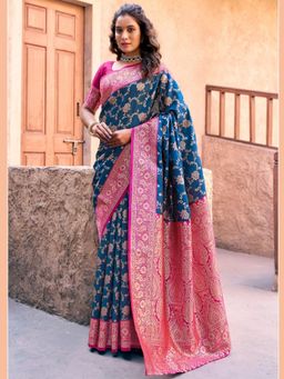 Odette - Navy Blue Silk Blend Woven Saree with Unstitched Blouse