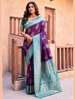 Odette - Purple Silk Blend Woven Saree with Unstitched Blouse