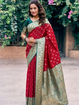 Odette - Red Silk Blend Woven Saree with Unstitched Blouse
