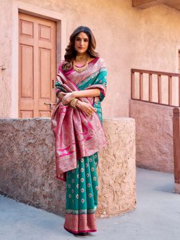 Odette - Green Silk Blend Woven Saree with Unstitched Blouse