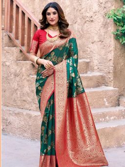 Odette - Green Silk Blend Woven Saree with Unstitched Blouse