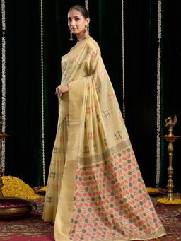 Odette - Yellow Cotton Blend Woven Saree with Unstitched Blouse