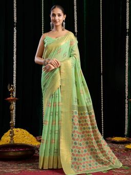 Odette - Green Cotton Blend Woven Saree with Unstitched Blouse