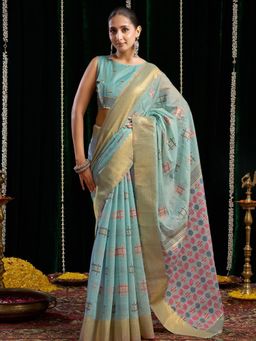 Odette - Blue Cotton Blend Woven Saree with Unstitched Blouse