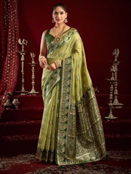 Odette - Green Silk Blend Woven Saree with Unstitched Blouse