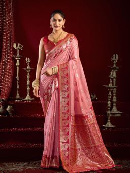 Odette - Pink Silk Blend Woven Saree with Unstitched Blouse