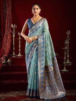 Odette - Blue Silk Blend Woven Saree with Unstitched Blouse