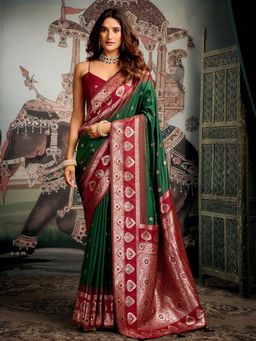 Odette - Green Silk Blend Woven Saree with Unstitched Blouse