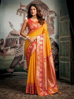 Odette - Yellow Silk Blend Woven Saree with Unstitched Blouse