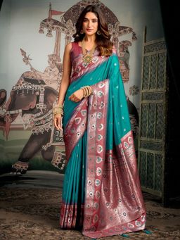 Odette - Teal Silk Blend Woven Saree with Unstitched Blouse