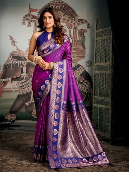 Odette - Purple Silk Blend Woven Saree with Unstitched Blouse